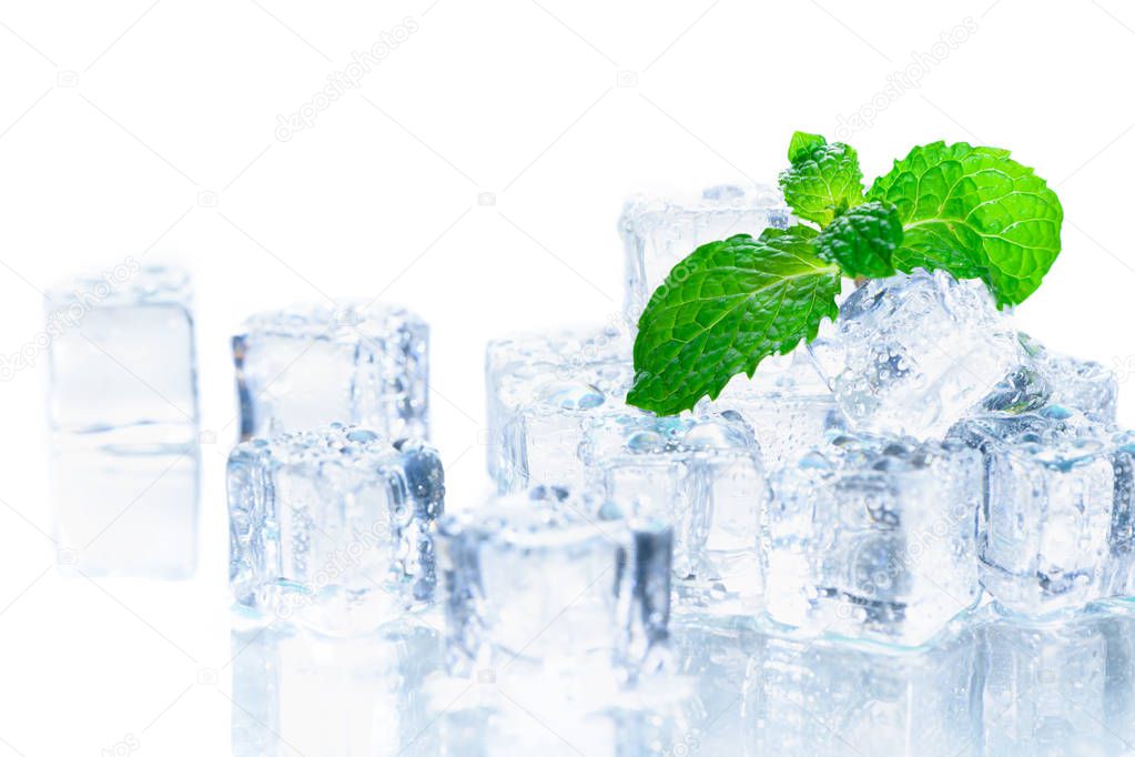 Mint leaves on ice cube isolated 