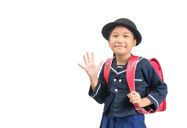 Aziatische meisje student gaat naar school en zwaaien vaarwel — Stockfoto