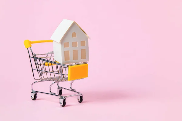 Модель паперового будинку в кошику для покупок ізольовано на рожевому — стокове фото
