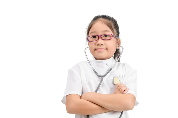 Cute asian child in doctor coat with stethoscope isolated — Stockfoto