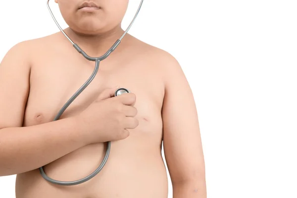 Obese fat boy check heart by stethoscope isolated — Stockfoto