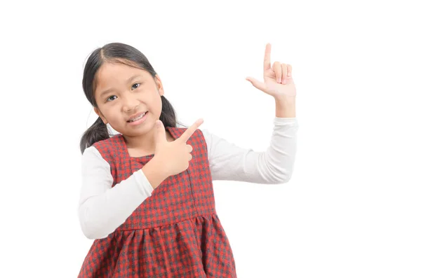 Ásia bonito menina apontando para vazio espaço isolado no branco . — Fotografia de Stock