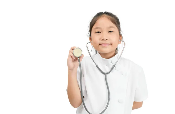 Cute asian child in doctor coat holding stethoscope isolated — Stock Photo, Image