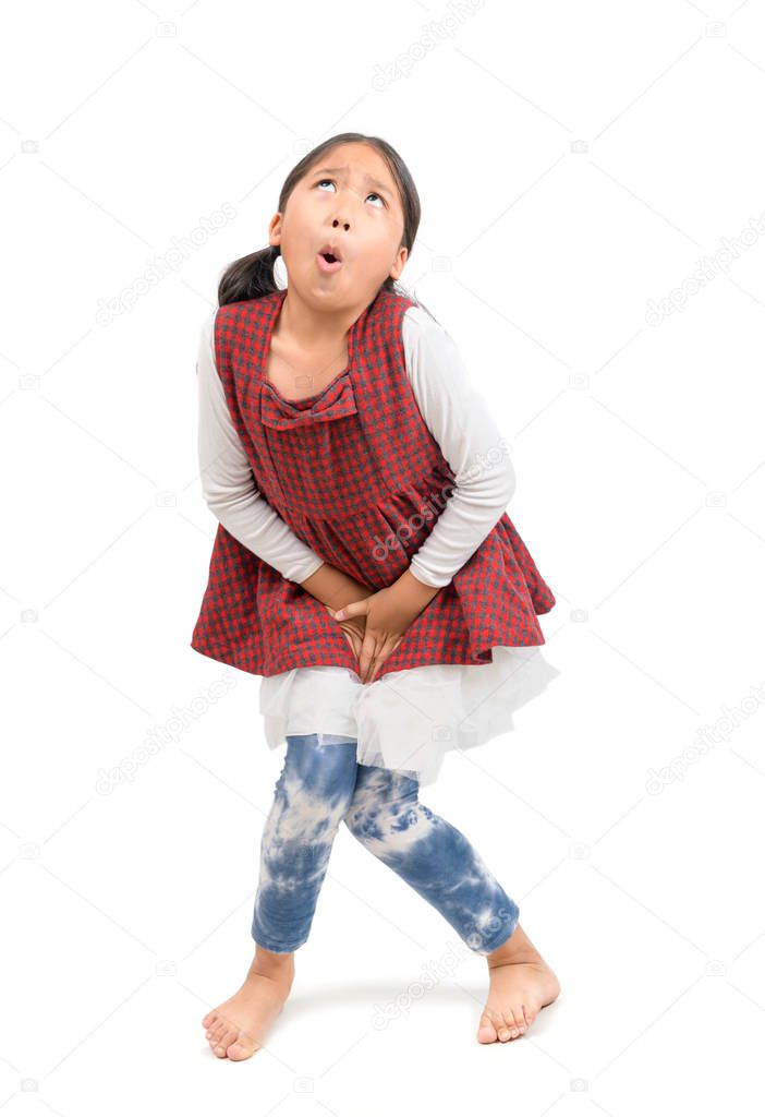 Little girl need a pee  isolated on white background
