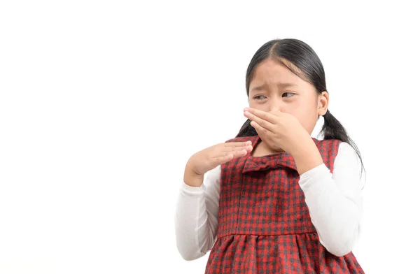 Lindo asiático chica apretando nariz con dedos con disgusto expres — Foto de Stock