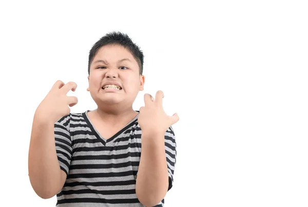 Fettleibige dicke Junge wütend isoliert auf weißem Hintergrund, — Stockfoto