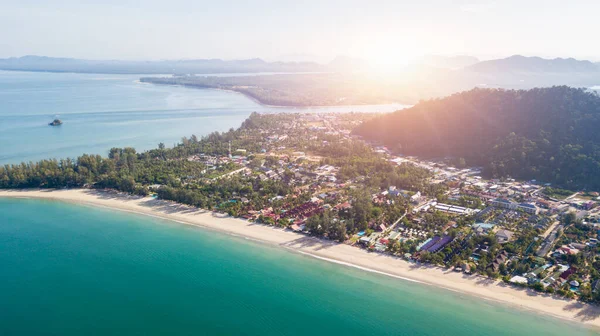 Aerial from drone, Landscape of Klong Dao Beach at Lan ta island with sunrise. south of Thailand Krabi province,Popular tourist attraction for tourists visiting snorkeling.