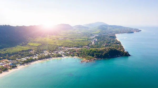 Aerial from drone, Landscape of Klong Dao Beach at Lan ta island with sunrise. south of Thailand Krabi province,Popular tourist attraction for tourists visiting snorkeling.
