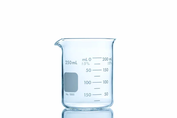 250 Ποτήρι Ζέσεως Μέτρησης Για Επιστημονικό Πείραμα Εργαστήριο Απομονωμένο Λευκό — Φωτογραφία Αρχείου