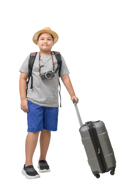 Obese Jongen Aziatische Reiziger Met Vintage Camera Koffer Geïsoleerd Witte — Stockfoto