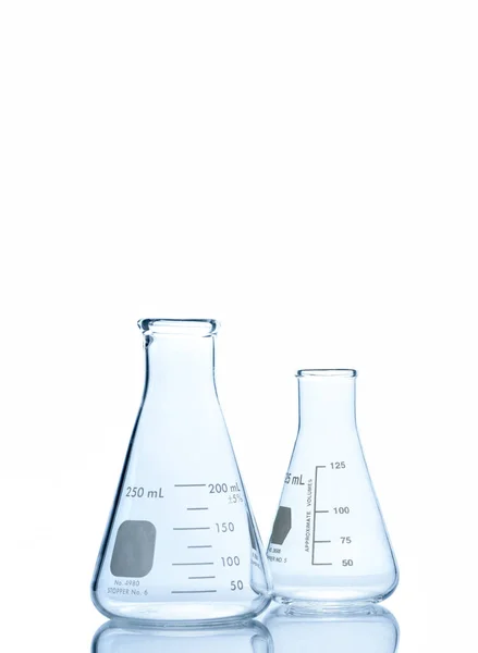 Two Empty Erlenmeyer Flask Reflective Isolated White Background Clipping Path — Stock Photo, Image