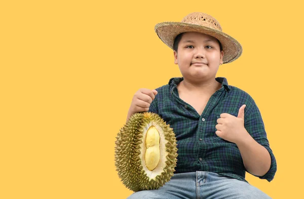 Král Ovoce Thajsku Malý Chlapec Farmář Drží Mon Thong Durian — Stock fotografie