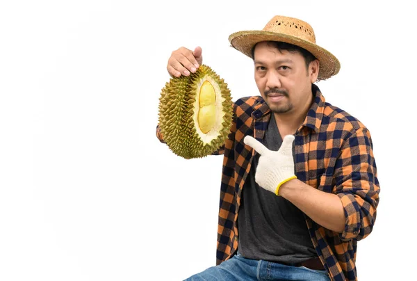 Král Ovoce Thajsku Asijský Muž Farmář Drží Mon Thong Durian — Stock fotografie