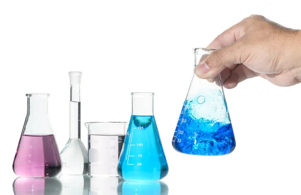 hand scientist shaking Erlenmeyer flask with blue liquid isolated on white background, Scientific equipment and science technology concept