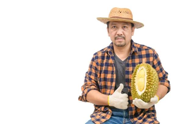 Rei Fruta Tailândia Homem Asiático Agricultor Segurando Mon Thong Durian — Fotografia de Stock