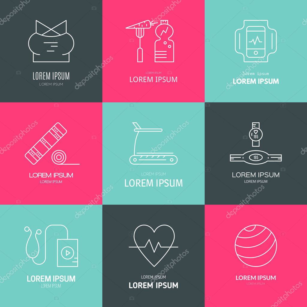Icon collection of different fitness and gym objects. Healthy lifestyle vector. Bodybuilding and sport line series.