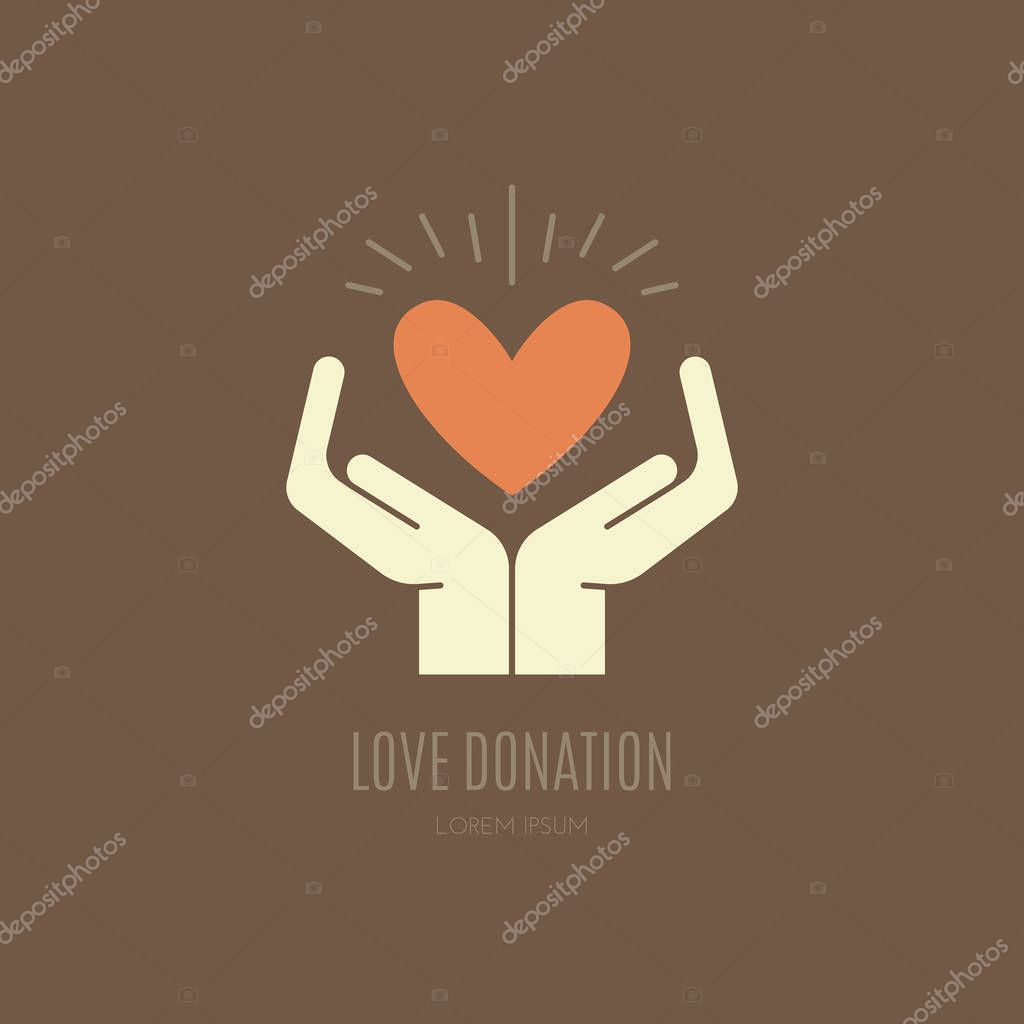 Human hands holding heart. Love, peace and donation concept. Vector illustration for non-profit organization, charity event.