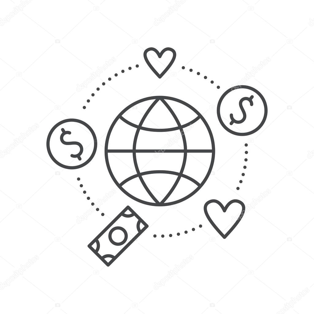 Globe surrounded by hearts and money - concept for donations, charity, fundraising. Vector line style label for non-profit organization or fundraising event.