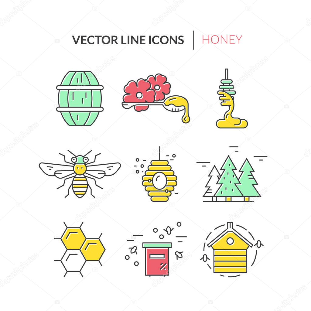 Colorful icons with honey, bee, hiver and other bee labor related elements. Modern vector honey collection.