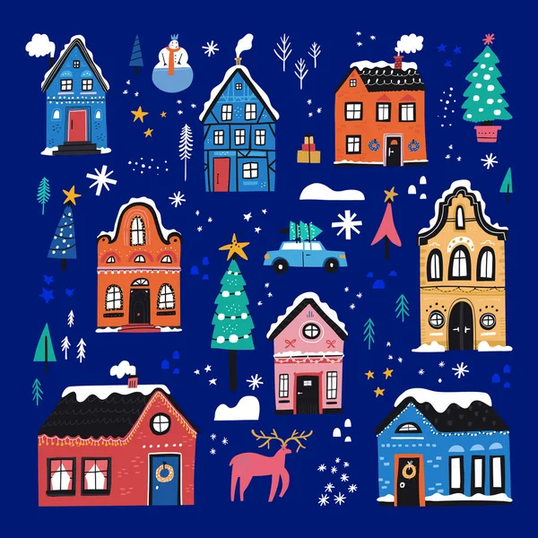 Cute Christmas houses flat vector — Stock Vector
