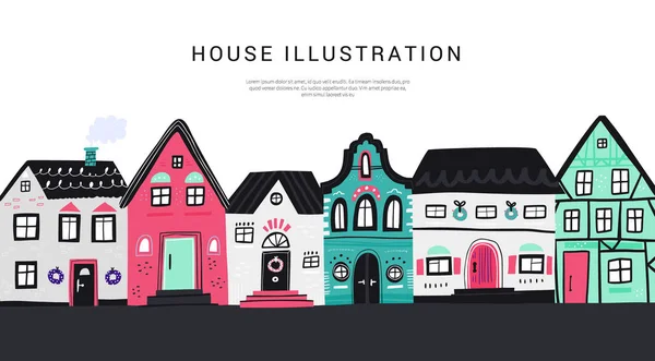 Vintage houses facades flat vector — 스톡 벡터