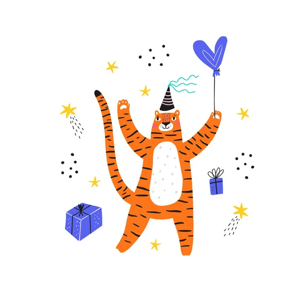 Tigre dans chapeau de fête plat — Image vectorielle