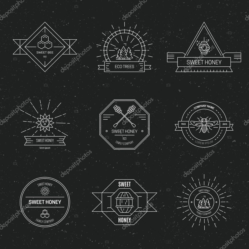 Apiary themed linear logotypes vector templates set. Bee factory hipster logo pack. Mead manufacturing company outline emblems designs. Apiculture symbols thin line illustrations with typography
