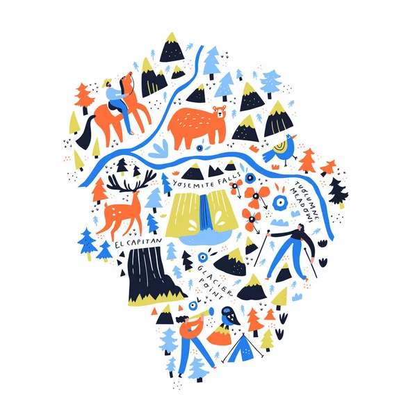 Mapa del parque nacional de Yosemite ilustración dibujada a mano. Parque natural de dibujos animados plan de tierra con monumentos famosos, flora y fauna local. Exploración de la naturaleza, descanso exterior concepto abstracto — Archivo Imágenes Vectoriales
