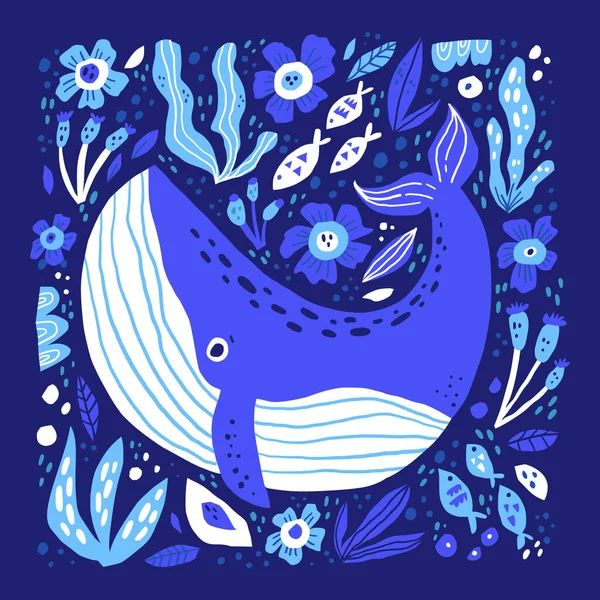 Adorable ilustración vectorial plana dibujada a mano de ballena. Divertido personaje de dibujos animados de la vida marina. Gran animal marino con flores aisladas sobre fondo azul oscuro. Camiseta infantil diseño de impresión — Archivo Imágenes Vectoriales