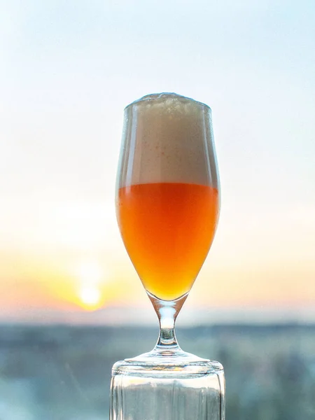 A glass of beer against the background of the sunset