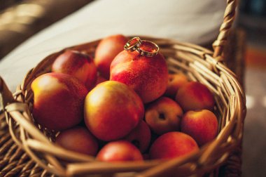 Evlilik yüzüğü. Alyansşeftalinin üzerinde yatıyor. Düğün günü. Düğün aksesuarları.