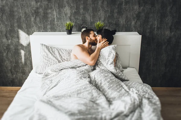 Man Woman Bed Guy Girl Have Sex Couple Love Bed — Stock Photo, Image