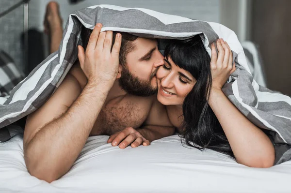 Loving Couple Bed Having Sex Guy Girl Kissing Bed Wedding — Stock Photo, Image