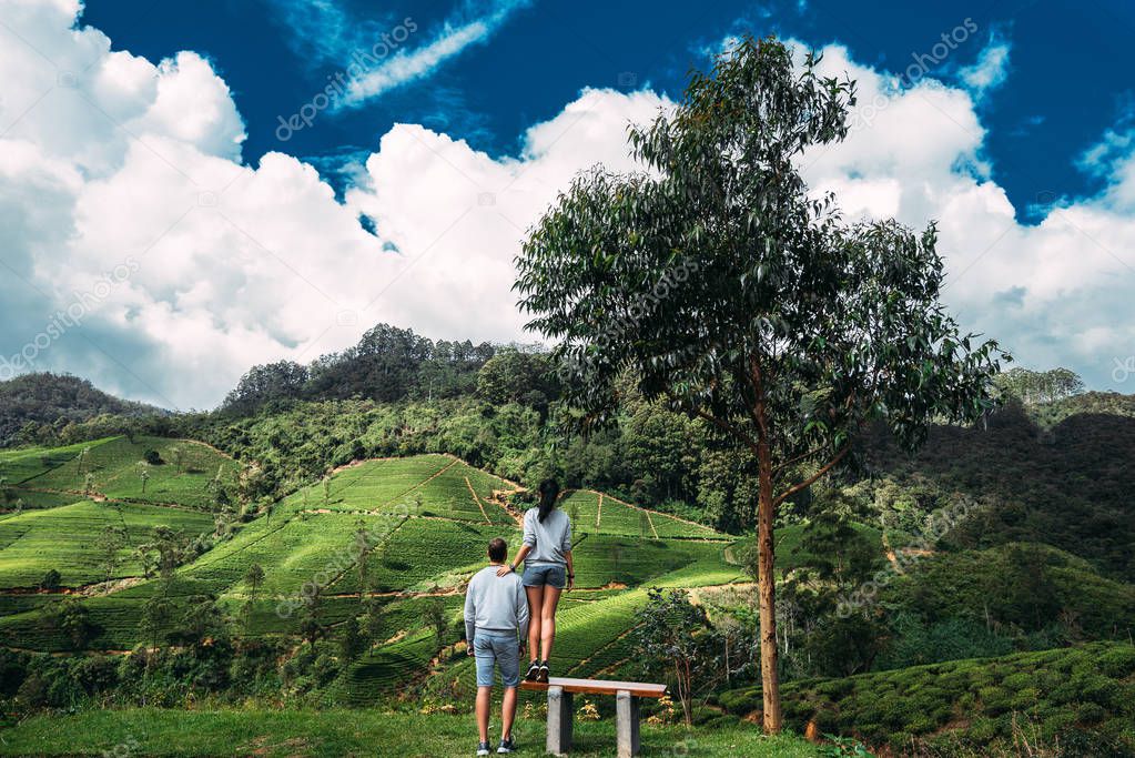 A couple in love travels. Couple in love on tea plantations. Travel to Sri Lanka. Boy and girl in the mountains. Honeymoon. Green tea plantations. Couple on a bench looking at the mountains