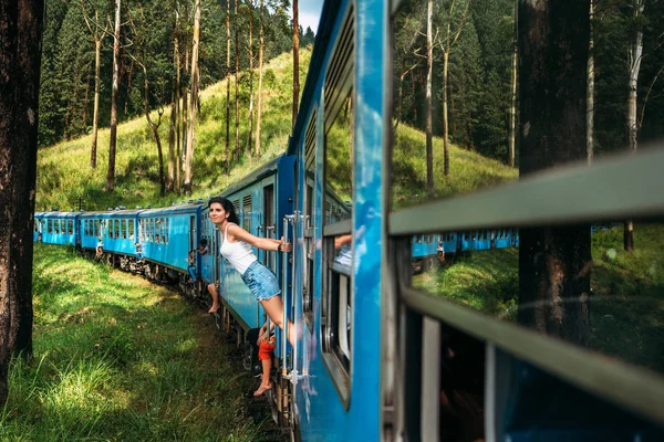Podróż Pociągiem Dziewczyna Podróżuje Pociągiem Pięknych Miejsc Piękna Dziewczyna Podróżuje — Zdjęcie stockowe