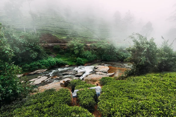 Green Tea Plantations Mountains Couple Love Travels Sri Lanka Honeymoon — Stock Photo, Image