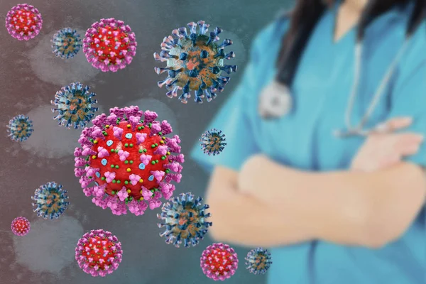 SARS-CoV-2 virüsünün dünyaya saldıran acımasız bir salgın olan Coronavirus COVID-19 'a yol açtığının resmi..