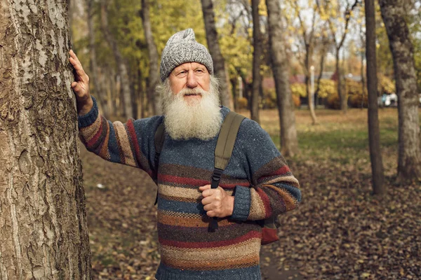 Старик с бородой в лесу — стоковое фото