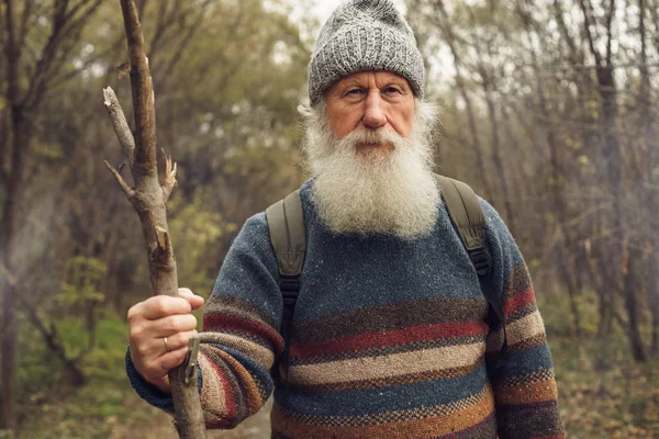 Hombre viejo con barba en el bosque — Foto de Stock