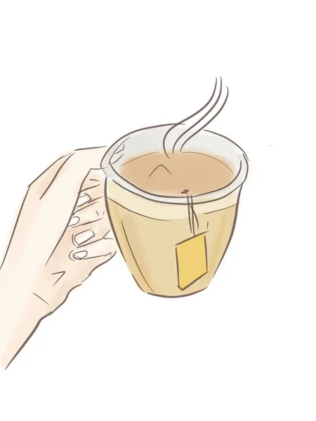 Weibliche Hand hält Tasse oder Becher mit Tee. Seitenansicht. — Stockfoto
