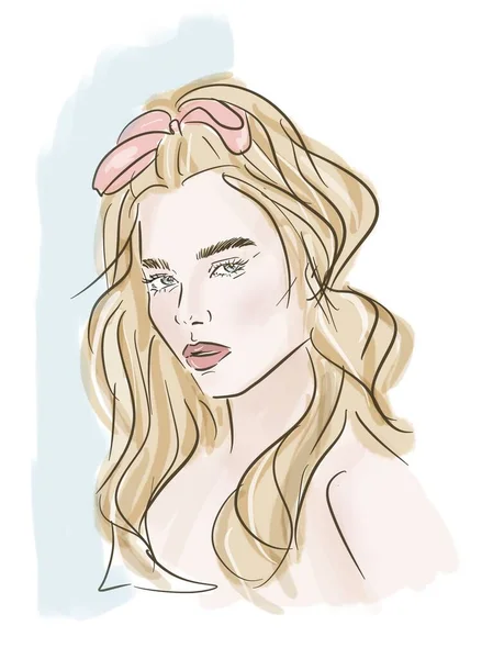 Dessin d'une ligne, portrait d'une belle fille, stylisation de la mode et du style, illustrations de mode — Photo