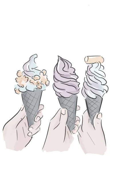 Hands Holding Ice Cream Colorful Collection Hand Drawing Sketch Illustration — Stock Photo, Image