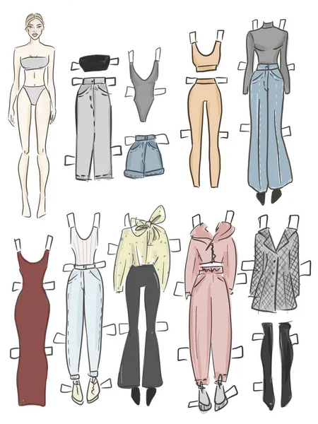 Paper Doll Body Cloths Her Template Cut Sketch Illustration — Stock Photo, Image