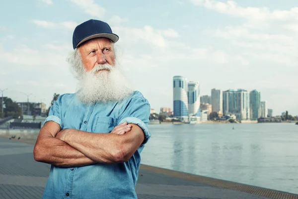 Portrait Smiley Senior Man Beard Moustache — Stock Photo, Image