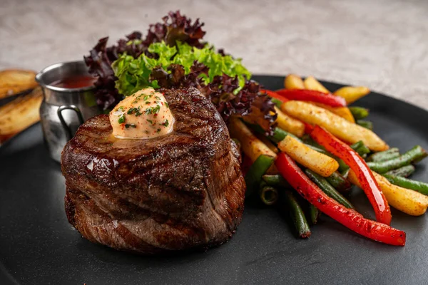 Meat Medallion Mushrooms White Plate Dark Brown Background Restaurant Menu — Stock Photo, Image