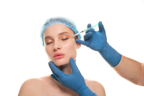 Young Beautiful Woman Receiving Cosmetic Botox Injection Her Face Close — Stock Photo, Image