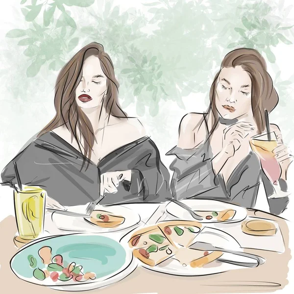 Две Симпатичные Девушки Едят Пиццу Болтают Кафе Иллюстрации — стоковое фото