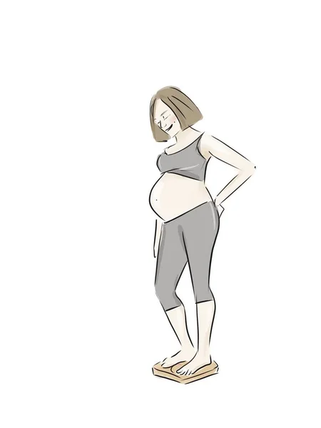 Έγκυος Γυναίκα Που Κοιτάζει Στη Ζυγαριά Εικονογράφηση Σκετς — Φωτογραφία Αρχείου