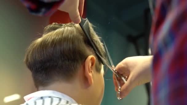 Перукар Розрізає Волосся Ножицями Голові Хлопчика Вид Ззаду Руки Стиліста — стокове відео