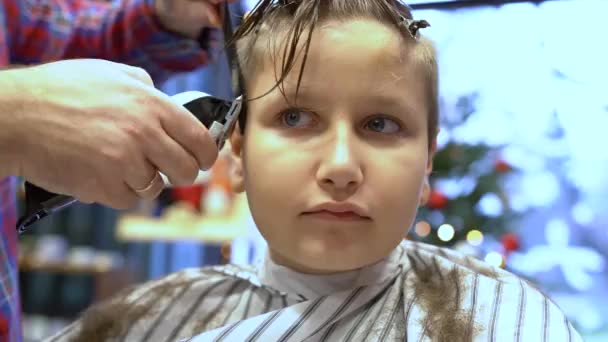 Friseur Schneidet Mit Schere Haare Kopf Des Jungen Rückenansicht Die — Stockvideo
